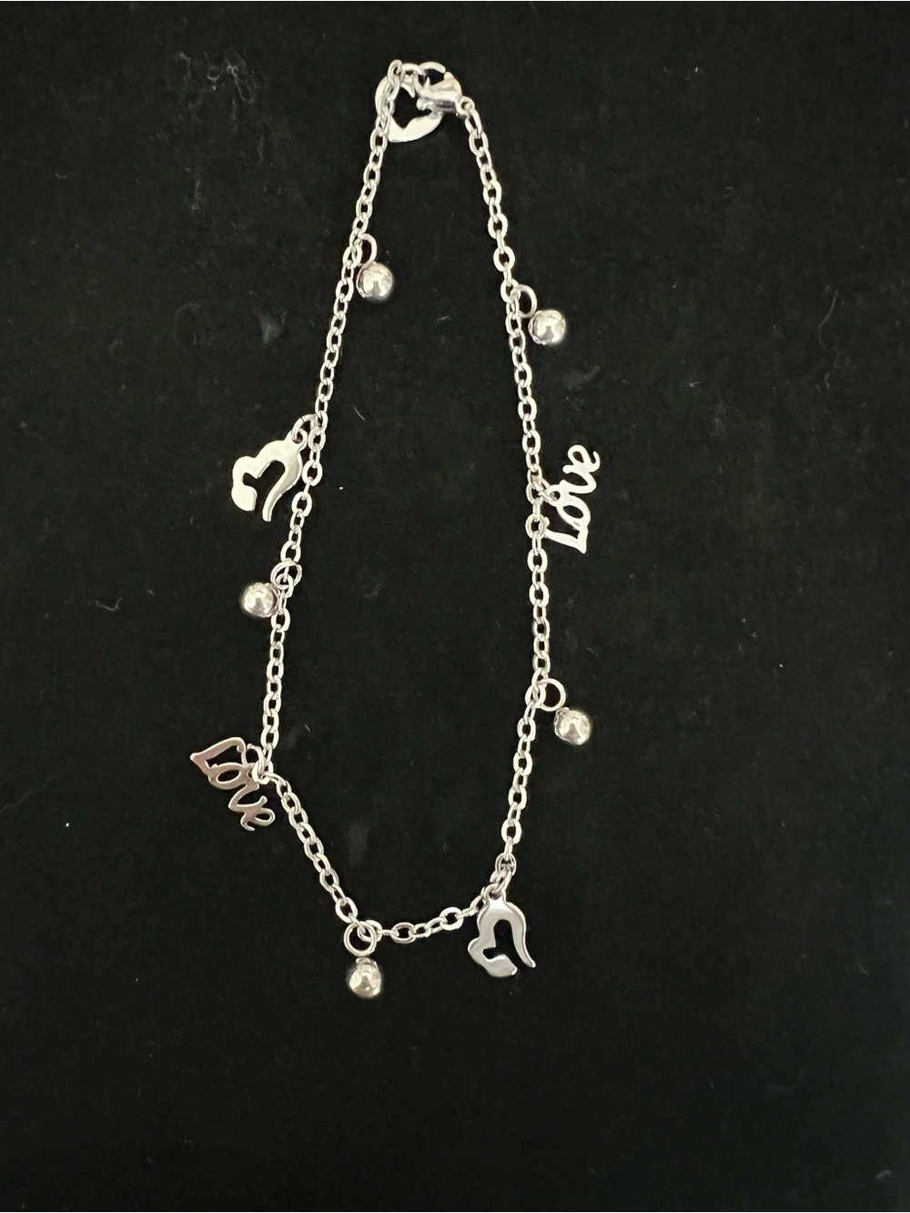 Sterling-Tone 'Love' and Heart Charm Bracelet in Silver